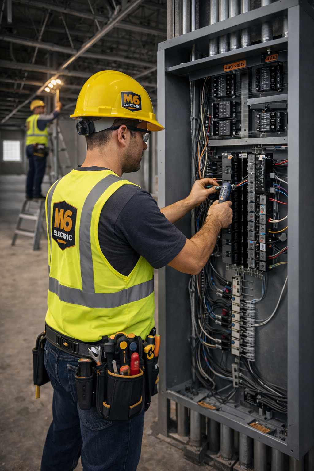 Commercial electrician performing outdoor service panel wiring in North Texas